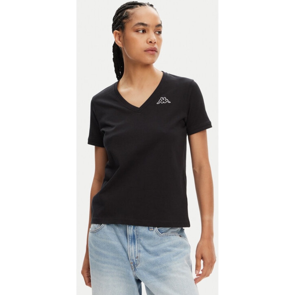 Kappa Cabou Logo Womens Black V Neck T Shirt Cotton Short Sleeve 90s Y2K Chic S